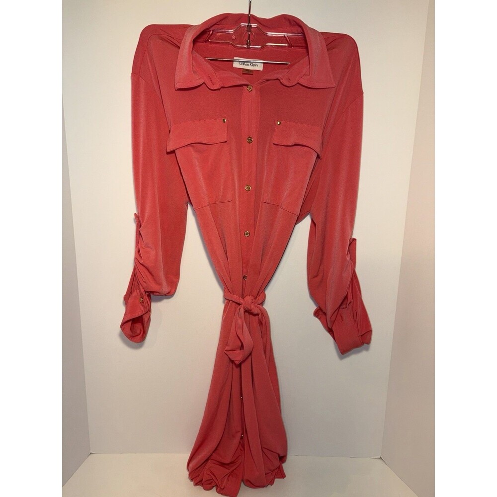 Calvin Klein Women's Pink Solid Long Sleeve Belted Button Shirt Dress Size 8